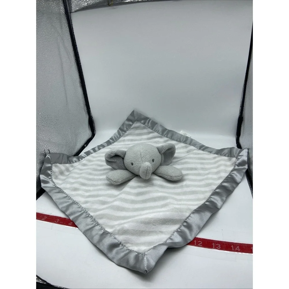 Cloud Island Elephant Gray White Striped Satin Baby Security Blanket Lovey Toy